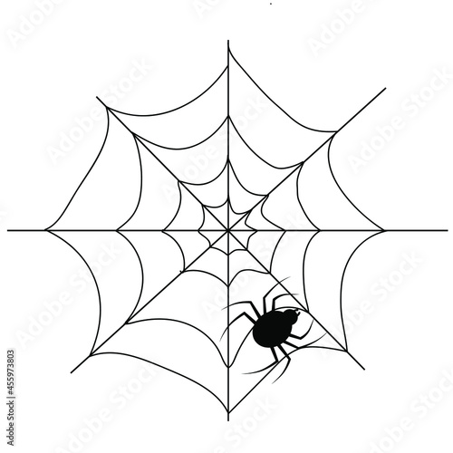 Black spider on a cobweb. Spider on white background isolated. Halloween holiday vector cobweb icon.