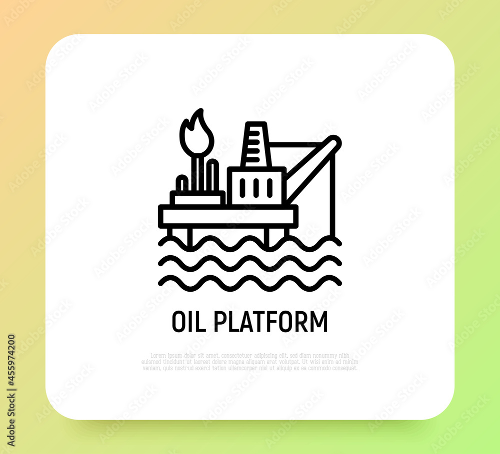 Oil platform thin line icon. Modern vector illustration of oil extraction from the sea.