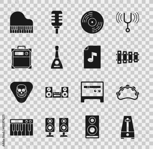 Set Metronome with pendulum, Tambourine, Xylophone, Vinyl disk, Balalaika, Guitar amplifier, Grand piano and Music book note icon. Vector
