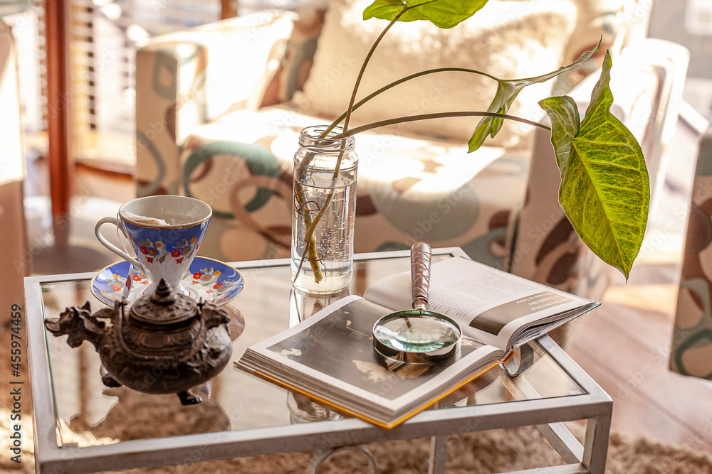 Detail of the living room. Coffee table with teapot, foliage, book and magnifying glass. Detail of the living room. Coffee table with teapot, foliage, book and magnifying glass.
