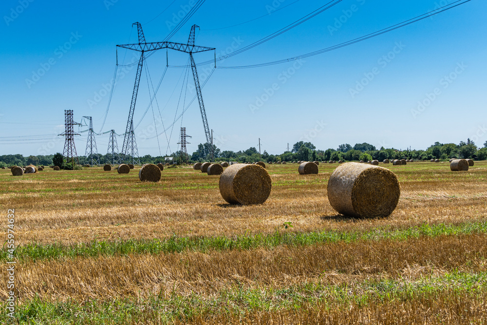 High voltage power lines in field after wheat harvest. Close-up. Endless field of round bales of straw under metal electric poles against blue summer sky. Selective focus.