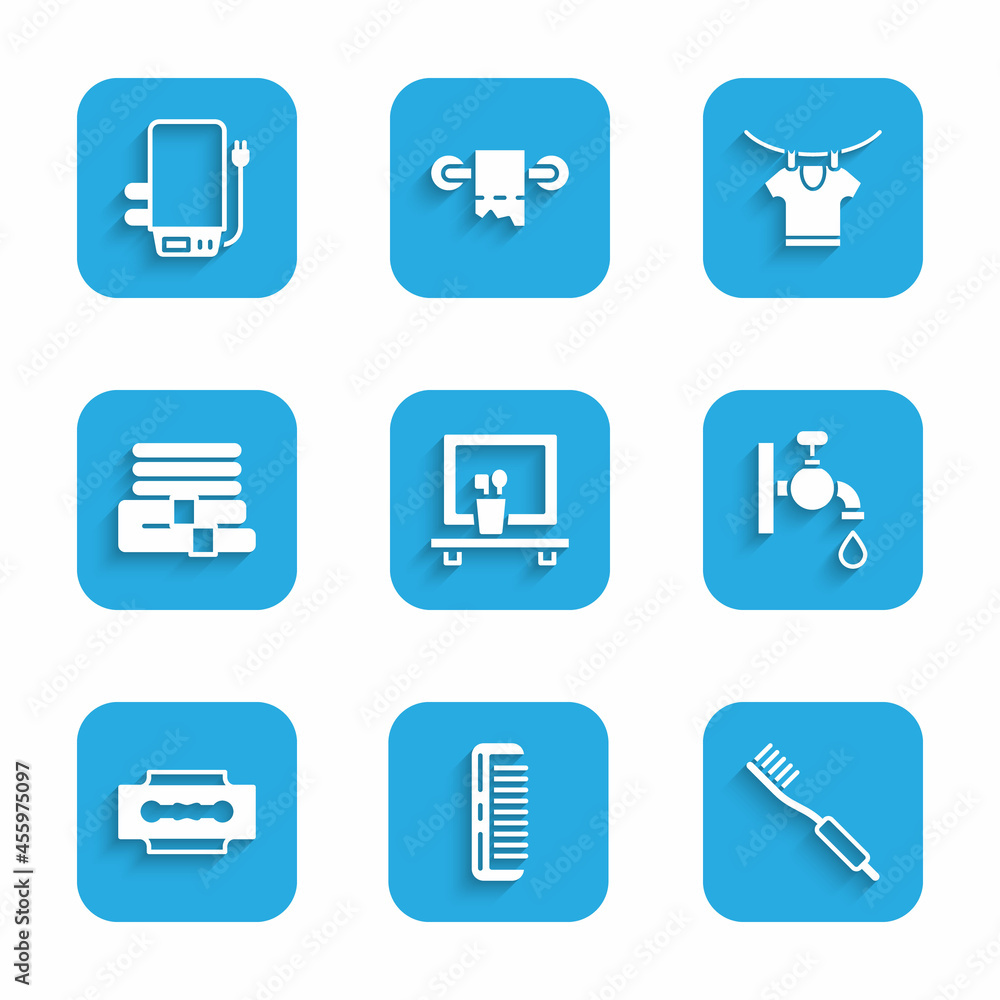 Set Washbasin mirror, Hairbrush, Toothbrush, Water tap, Blade razor, Towel stack, Drying clothes and Electric boiler icon. Vector Set Washbasin mirror, Hairbrush, Toothbrush, Water tap, Blade razor, Towel stack, Drying clothes and Electric boiler icon. Vector