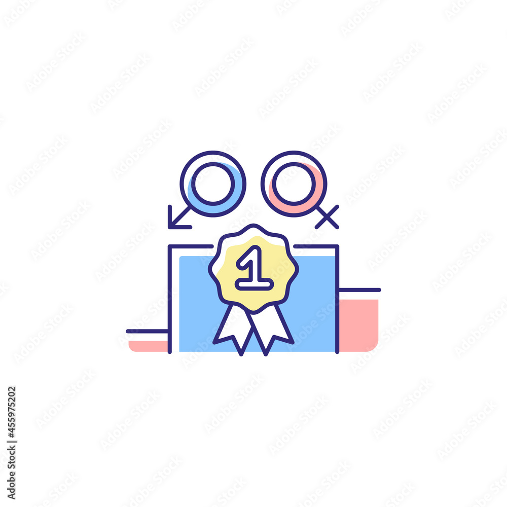 Gender equality RGB color icon. Enjoy equal rewards. Gender parity. Male and female compete together equally. Gender-balanced participation. Isolated vector illustration. Simple filled line drawing