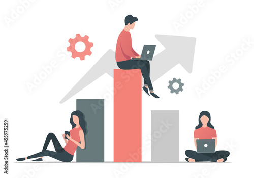 Business people and graph. Finance work and management concept. Flat vector illustration. Isolated on white background.