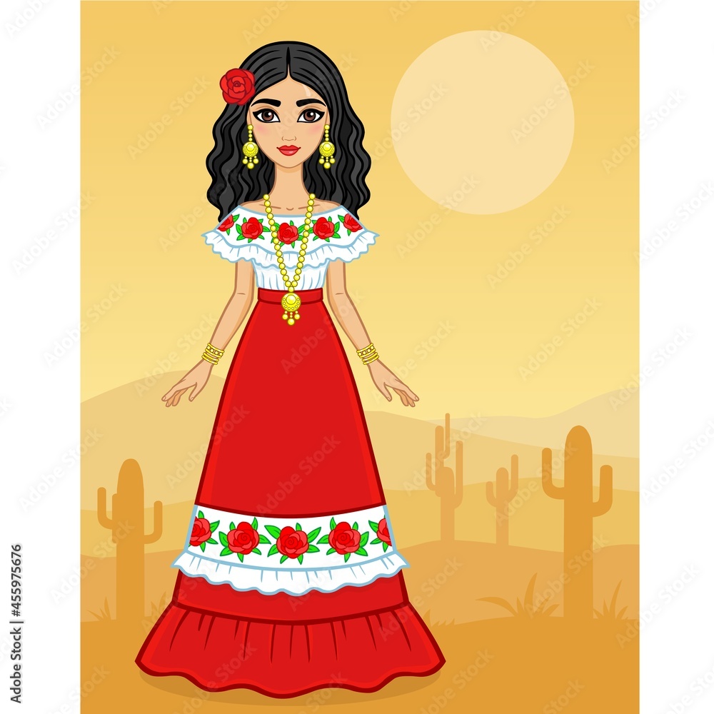 Animation portrait of the young Mexican girl in ancient clothes. Full growth. A background - the desert with cactus. Vector illustration. Card, poster, invitation, the place for the text.