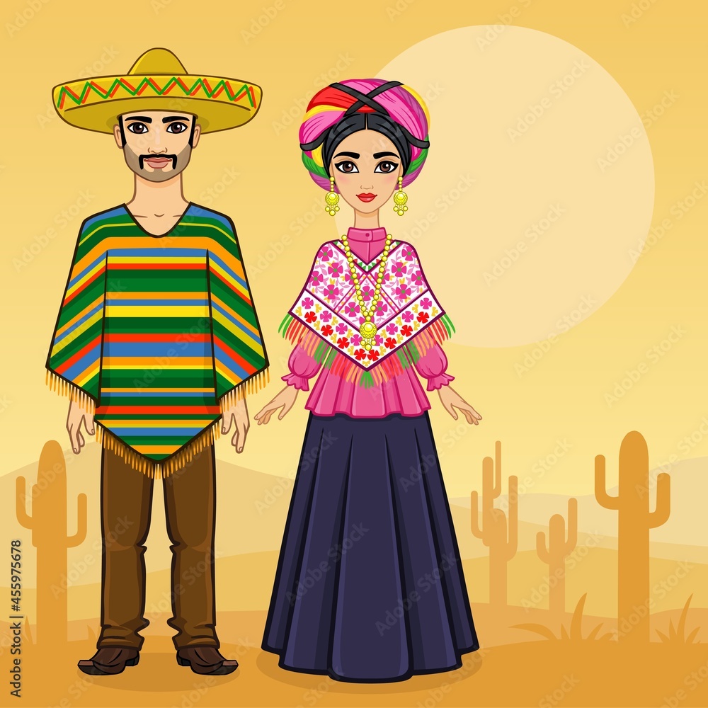 Animation portrait of the Mexican family in ancient clothes. Full growth. A background - a landscape the desert a cactus. Vector illustration.
