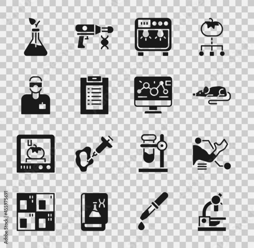 Set Microscope, Prosthesis hand, Experimental mouse, Biosafety box, Clinical record, Laboratory assistant, Plant breeding and Genetic engineering modification icon. Vector