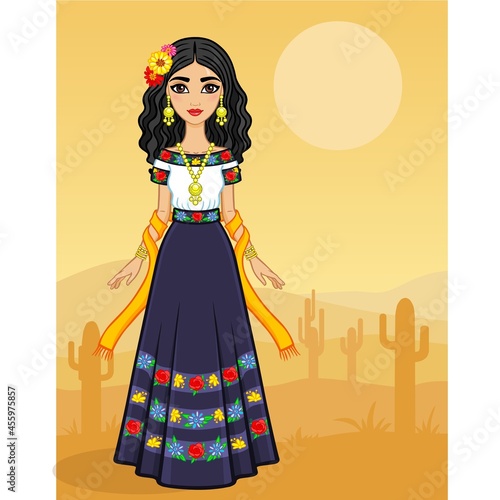 Animation portrait of the young Mexican girl in ancient clothes. Full growth. A background - the desert with cactus. Vector illustration. Card, poster, invitation, the place for the text.