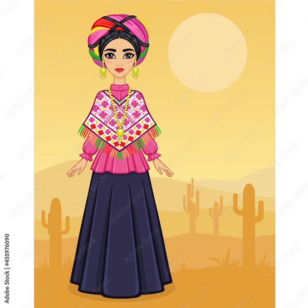 Animation portrait of the young Mexican girl in ancient clothes. Full growth. A background - the desert with cactus. Vector illustration. Card, poster, invitation, the place for the text. Animation portrait of the young Mexican girl in ancient clothes. Full growth. A background - the desert with cactus. Vector illustration. Card, poster, invitation, the place for the text.