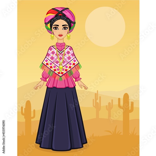 Animation portrait of the young Mexican girl in ancient clothes. Full growth. A background - the desert with cactus. Vector illustration. Card,  poster,  invitation, the place for the text.