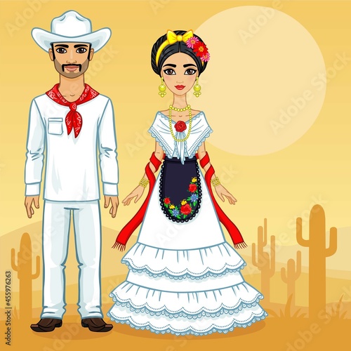 Mexican family in traditional clothes. Background desert.