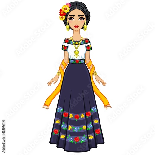 Animation portrait of the young beautiful Mexican girl in ancient clothes. Full growth. The vector illustration isolated on a white background.