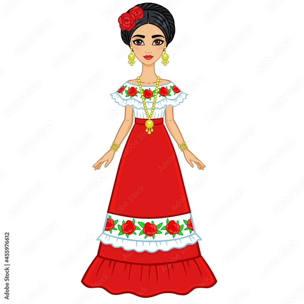 Animation portrait of the young beautiful Mexican girl in ancient clothes. Full growth. The vector illustration isolated on a white background.