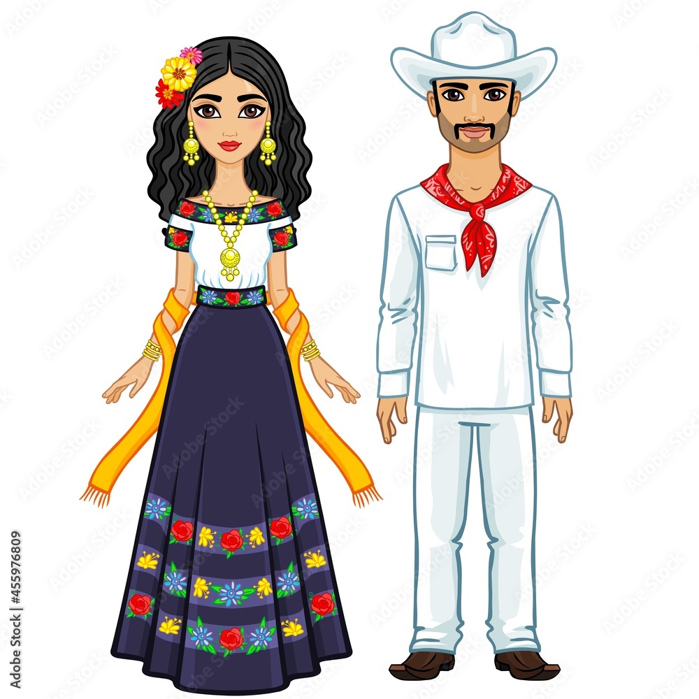 Animation portrait of the Mexican family in ancient festive clothes ...