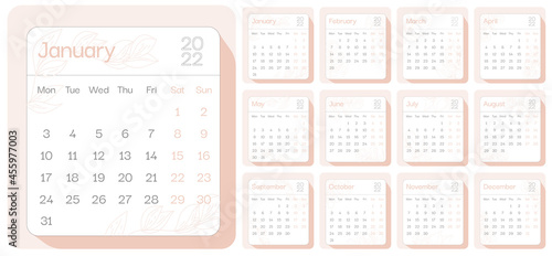2022 floral leaves light pink calendar planner month leaf, week starts on Monday, template, mock up calendar leaf - Illustration. Vector graphic page