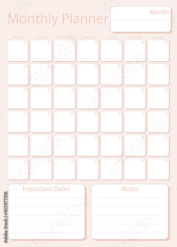 Monthly planner leaf in light pink color without dates, week starts on Monday, template, mock up calendar leaf illustration. Vector graphic page