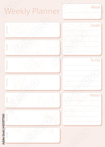 Weekly planner leaf in light pink color without dates, week starts on Monday, template, mock up calendar leaf illustration. Vector graphic page