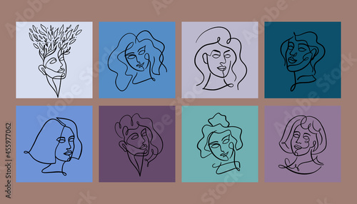 Set of woman's heads drawn in a continuous line