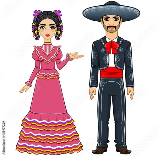 Mexican family in traditional festive clothes. Isolated on a white background.