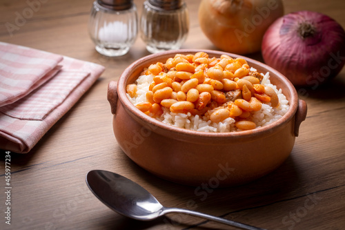 Traditional Turkish cuisine. Kuru Fasulye . Haricot Beans, rice and beans (Turkish name; pilav ustu kuru fasulye) photo