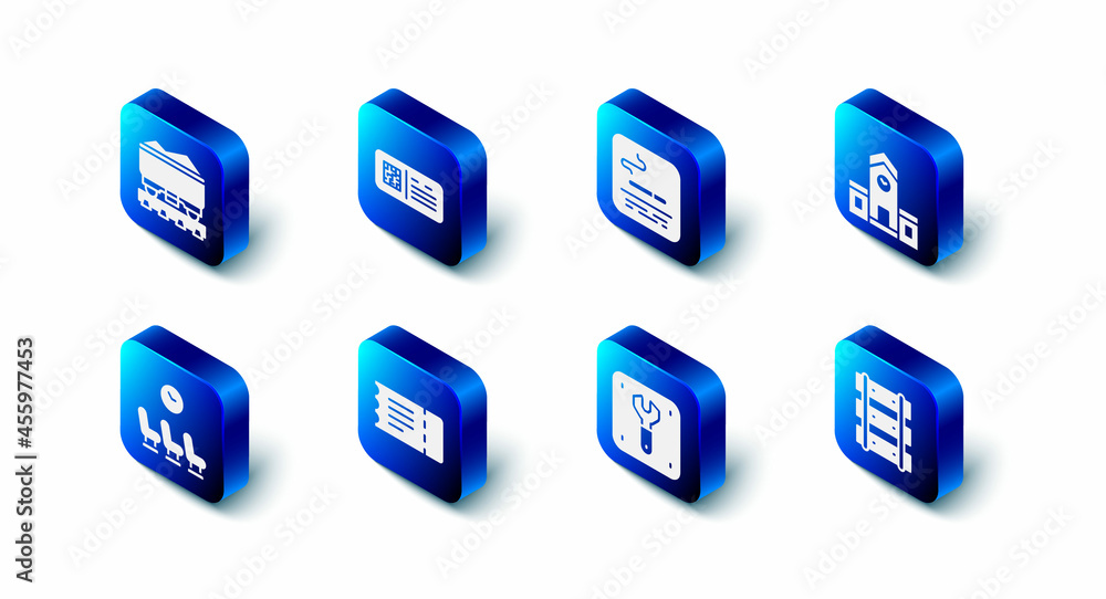 Set QR code ticket train, Smoking area, Railway station, Railway, railroad track, Repair of railway, Train, Waiting room and Coal wagon icon. Vector Set QR code ticket train, Smoking area, Railway station, Railway, railroad track, Repair of railway, Train, Waiting room and Coal wagon icon. Vector