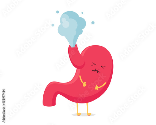 Cute cartoon stomach character fart. Digestive system bloating. Vector organ mascot unhealthy sick emotion. Abdominal pain isolated eps illustration
