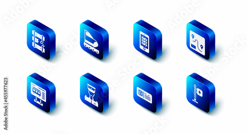 Set High-speed train, Buy ticket online, Route location, Road traffic signpost, QR code, Train conductor, Ticket office buy tickets and Broken rails railway icon. Vector