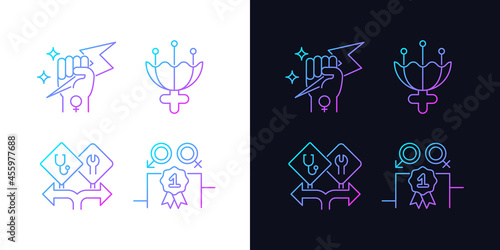 Women empowerment gradient icons set for dark and light mode. Female authority. Equal rewards. Thin line contour symbols bundle. Isolated vector outline illustrations collection on black and white