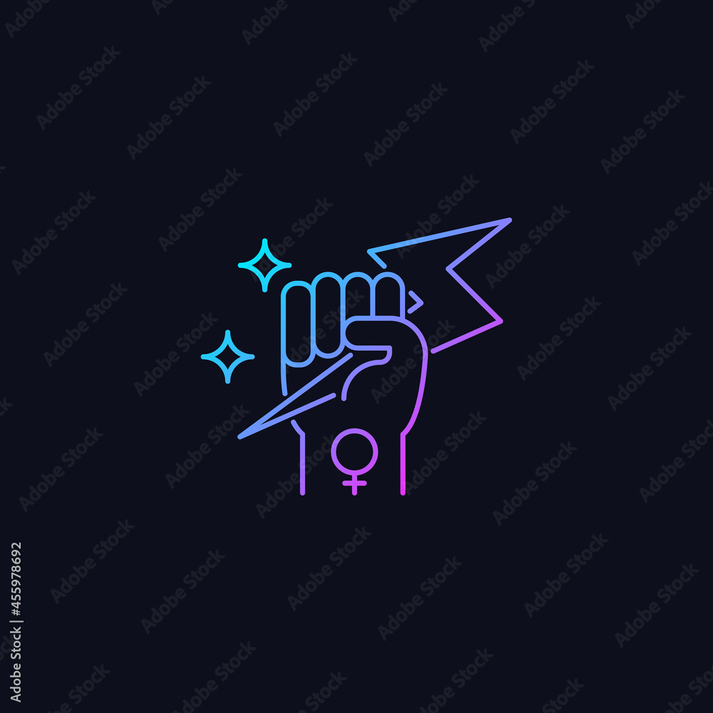 Woman power gradient vector icon for dark theme. Female energy. Enhance inner strength. Leadership in movement. Thin line color symbol. Modern style pictogram. Vector isolated outline drawing
