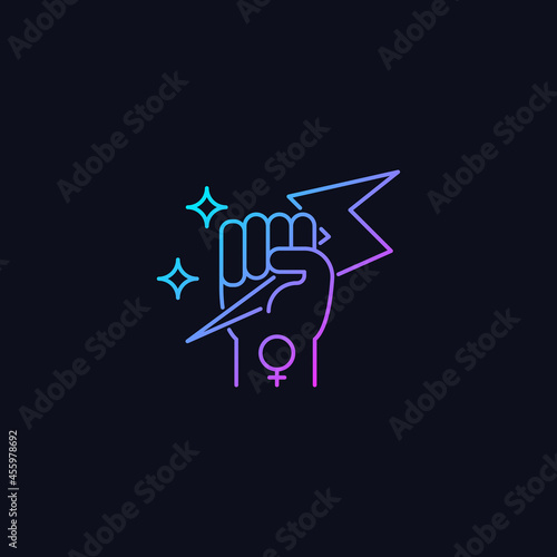 Woman power gradient vector icon for dark theme. Female energy. Enhance inner strength. Leadership in movement. Thin line color symbol. Modern style pictogram. Vector isolated outline drawing