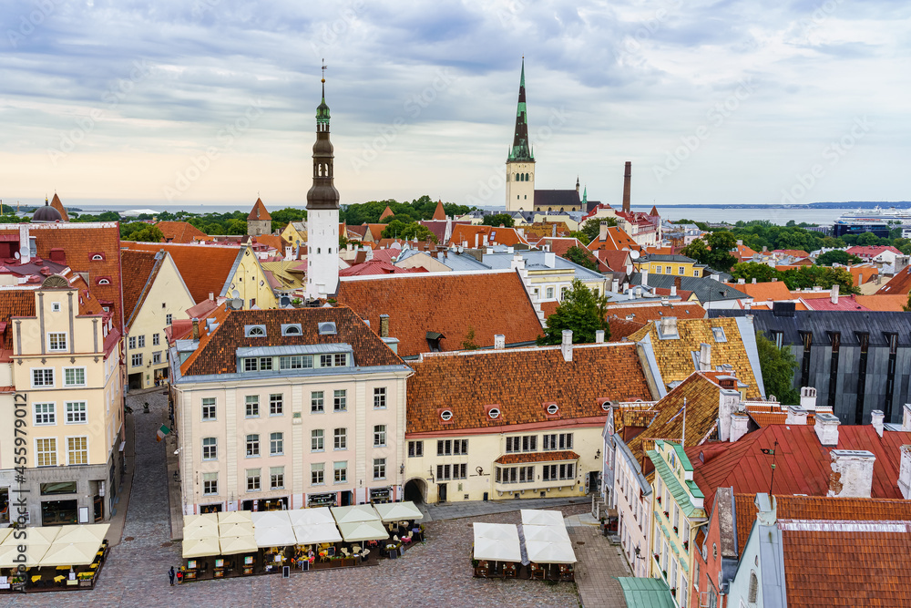 Tallinn's main square, aerial view from the city hall tower. Estonia.