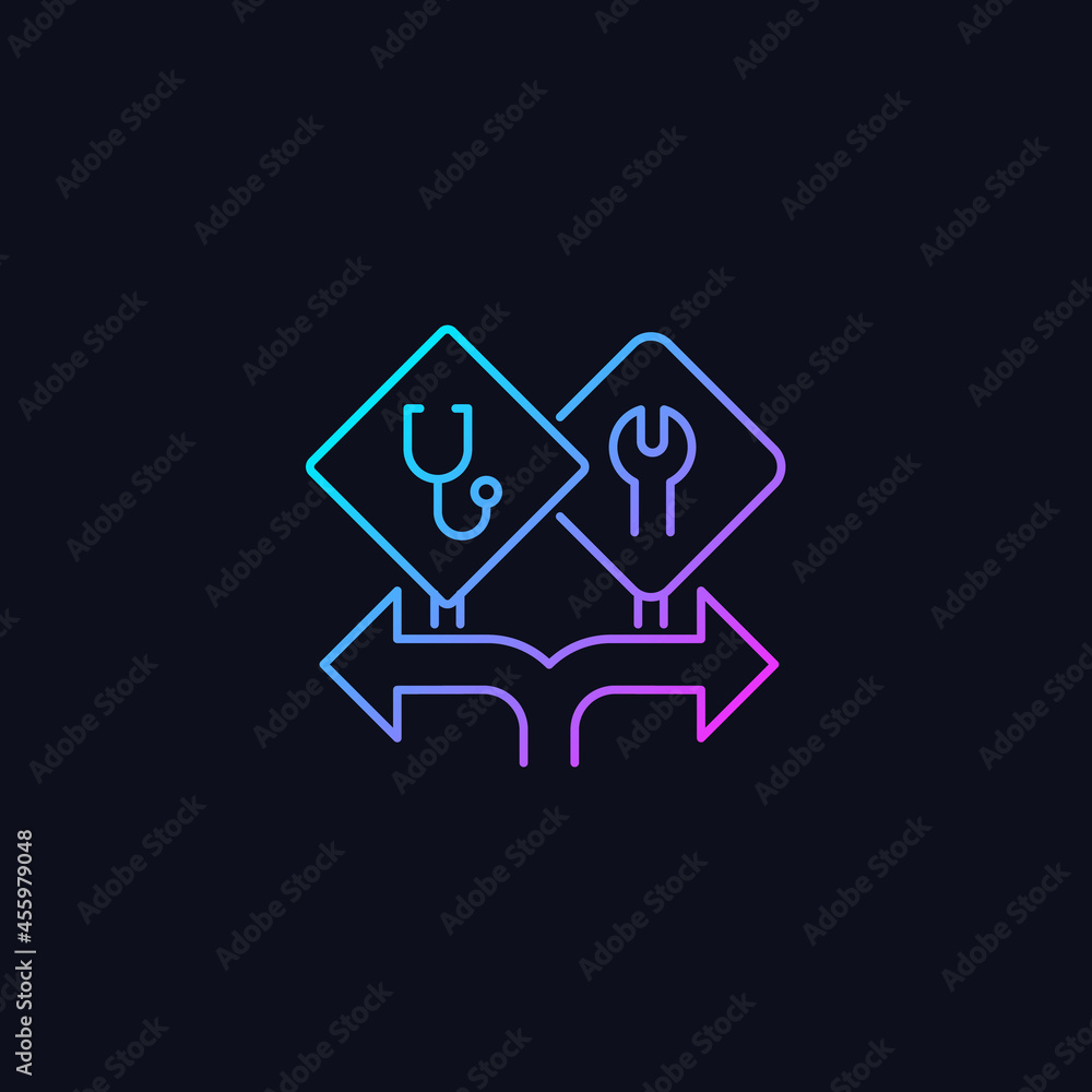 Freedom of choice gradient vector icon for dark theme. Career option. Female empowerment. High-potential women. Thin line color symbol. Modern style pictogram. Vector isolated outline drawing Freedom of choice gradient vector icon for dark theme. Career option. Female empowerment. High-potential women. Thin line color symbol. Modern style pictogram. Vector isolated outline drawing