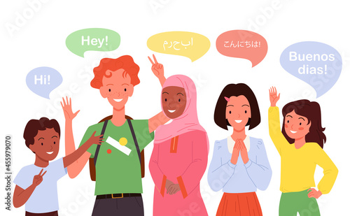 Cartoon group of multicultural multiethnic girl boy child characters standing, cute students. Children greeting, school kids say hi in different languages vector illustration
