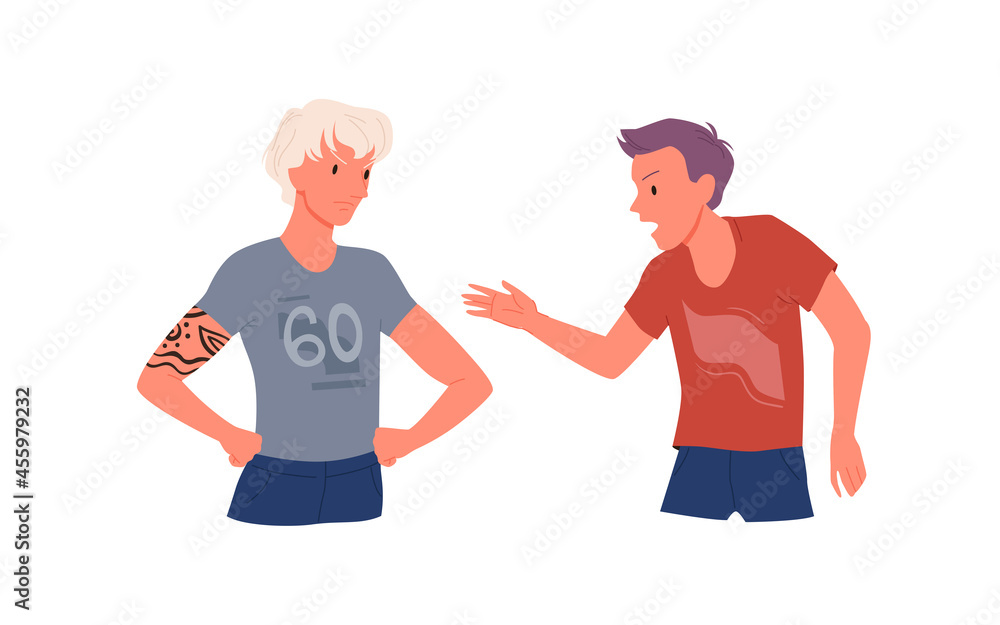 People quarrel, screaming in conflict conversation vector illustration. Cartoon two male friend characters quarreling, brothers arguing, bad friendship relationship and communication isolated on white People quarrel, screaming in conflict conversation vector illustration. Cartoon two male friend characters quarreling, brothers arguing, bad friendship relationship and communication isolated on white