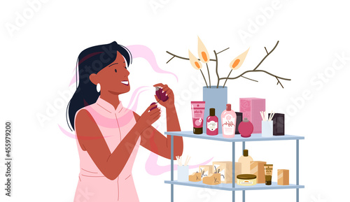 Girl choosing fashion perfume from assortment in beauty cosmetics makeup store, applying process vector illustration. Cartoon young woman character holding spray bottle in hand isolated on white