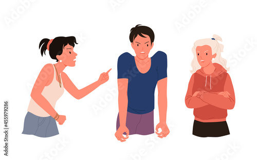 Quarrel fight of angry people group vector illustration. Cartoon aggressive man woman characters quarreling, standing together and screaming at each other, talking with aggression isolated on white