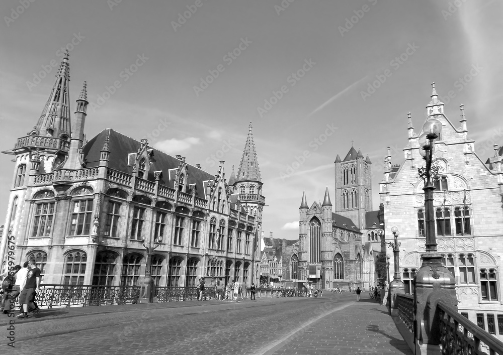Monochrome Image of St Michael’s Bridge in the Heart of Historic Center of Ghent, Belgium