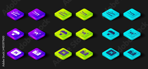 Set Helicopter landing pad, Airport board, Box flying on parachute, Drone, Plane and takeoff icon. Vector