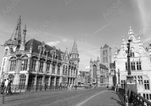 Monochrome Image of St Michael’s Bridge in the Heart of Historic Center of Ghent, Belgium © jobi_pro
