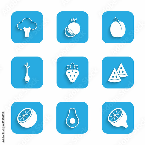 Set Strawberry, Avocado fruit, Lemon, Watermelon, Orange, Fresh green onions, Plum and Broccoli icon. Vector