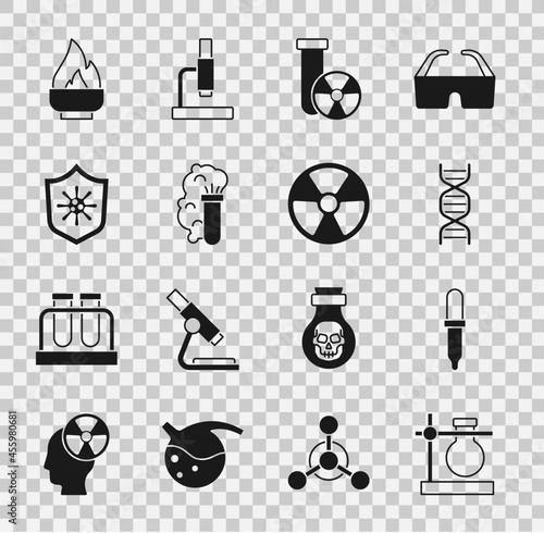 Set Test tube flask on stand, Pipette, DNA symbol, radiation, Chemical explosion, Shield protecting from virus, Alcohol or spirit burner and Radioactive icon. Vector