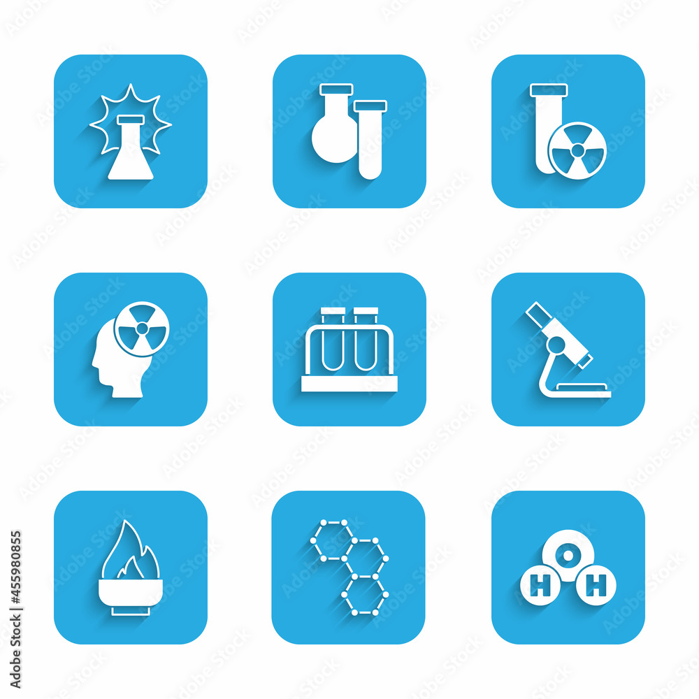 Set Test tube and flask, Chemical formula, H2O, Microscope, Alcohol spirit burner, Head radiation symbol, and explosion icon. Vector Set Test tube and flask, Chemical formula, H2O, Microscope, Alcohol spirit burner, Head radiation symbol, and explosion icon. Vector