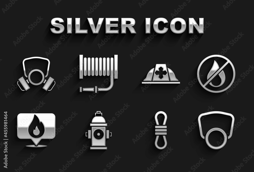 Set Fire hydrant, No fire, Gas mask, Climber rope, Location with flame, Firefighter helmet, and hose reel icon. Vector Set Fire hydrant, No fire, Gas mask, Climber rope, Location with flame, Firefighter helmet, and hose reel icon. Vector