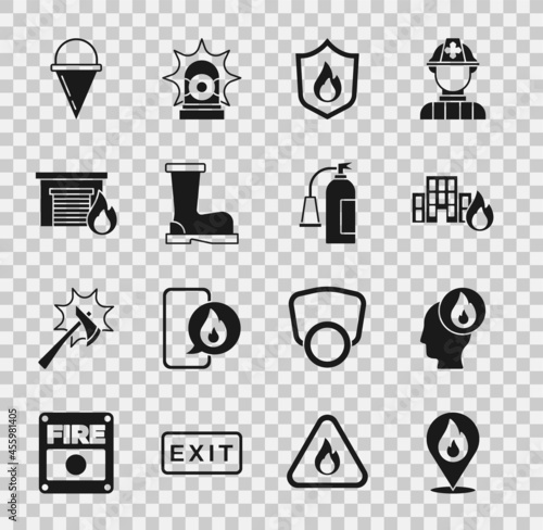 Set Location with fire flame, Firefighter, in burning buildings, protection shield, boots, garage, cone bucket and extinguisher icon. Vector