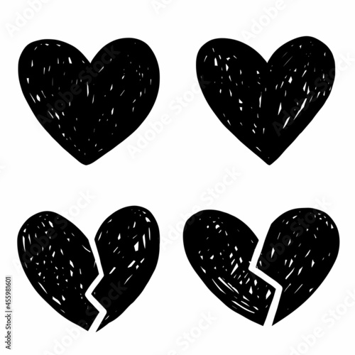 Vector heart sketch doodle illustration set  with broken heart shape. Black and white monochrome collection