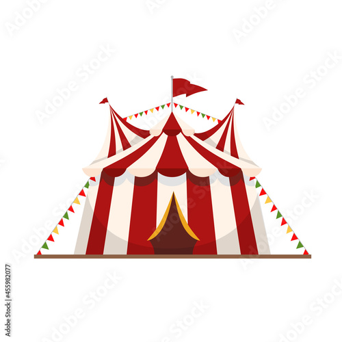 Circus tent with a red flag on the roof isolated on white background. Tent circus cartoon style. Vector stock