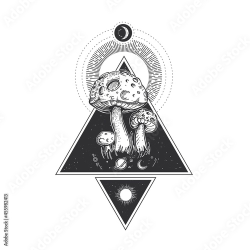 Mushrooms are like planets. Space illustration. Tattoo sketch.