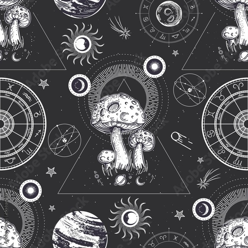 Mushrooms are like planets. Space illustration. Seamless surreal pattern.
