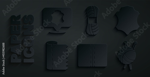 Set Textile fabric roll, Leather, Yarn ball with knitting needles, and icon. Vector