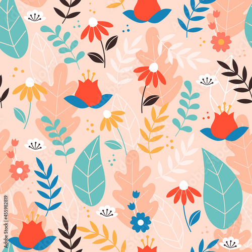 Modern floral seamless pattern on pink background. Vector illustration.